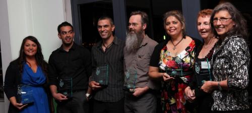 LIME Light Award Winners L-R: Dana Slape (accepting on behalf of Alicia Veasey); Ibrahim Solomon; Rhys Jones; David Paul; Jenny Akers and Christine Carraige (Western Sydney); Lisa Jackson Pulver (UNSW).